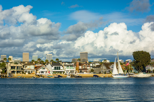 View of Balboa Island, and buildings in Irvine, from Newport Bea